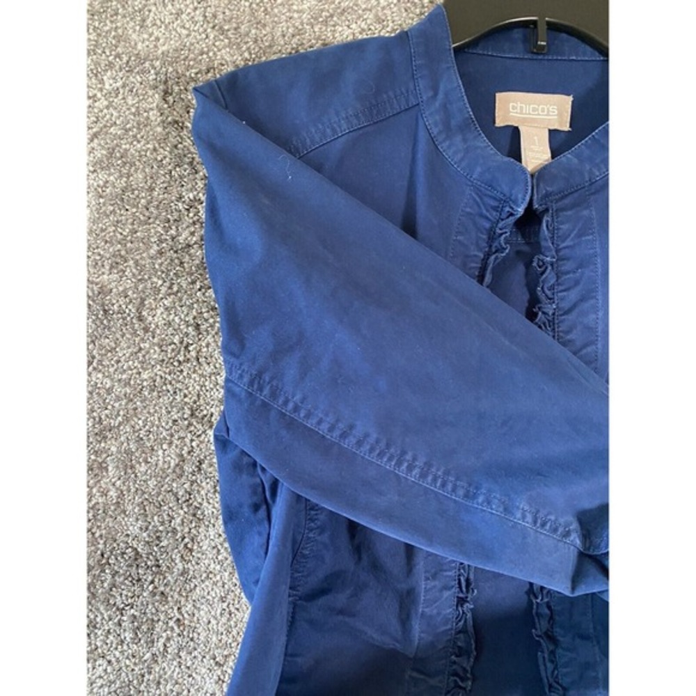 Chicos Jacket Womens Size 1 (Medium) Blue Blazer Ruffle‎ Open Front Preppy - Picture 7 of 13